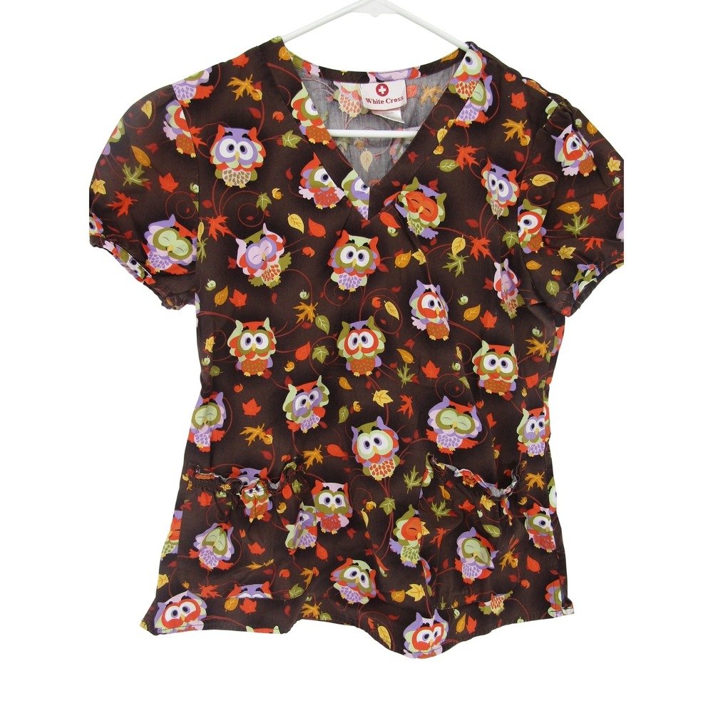 Scrub Top‎ sz. S Nature Medical Nurse Tech Pediatric Uniform Cute Owl Forest Vet